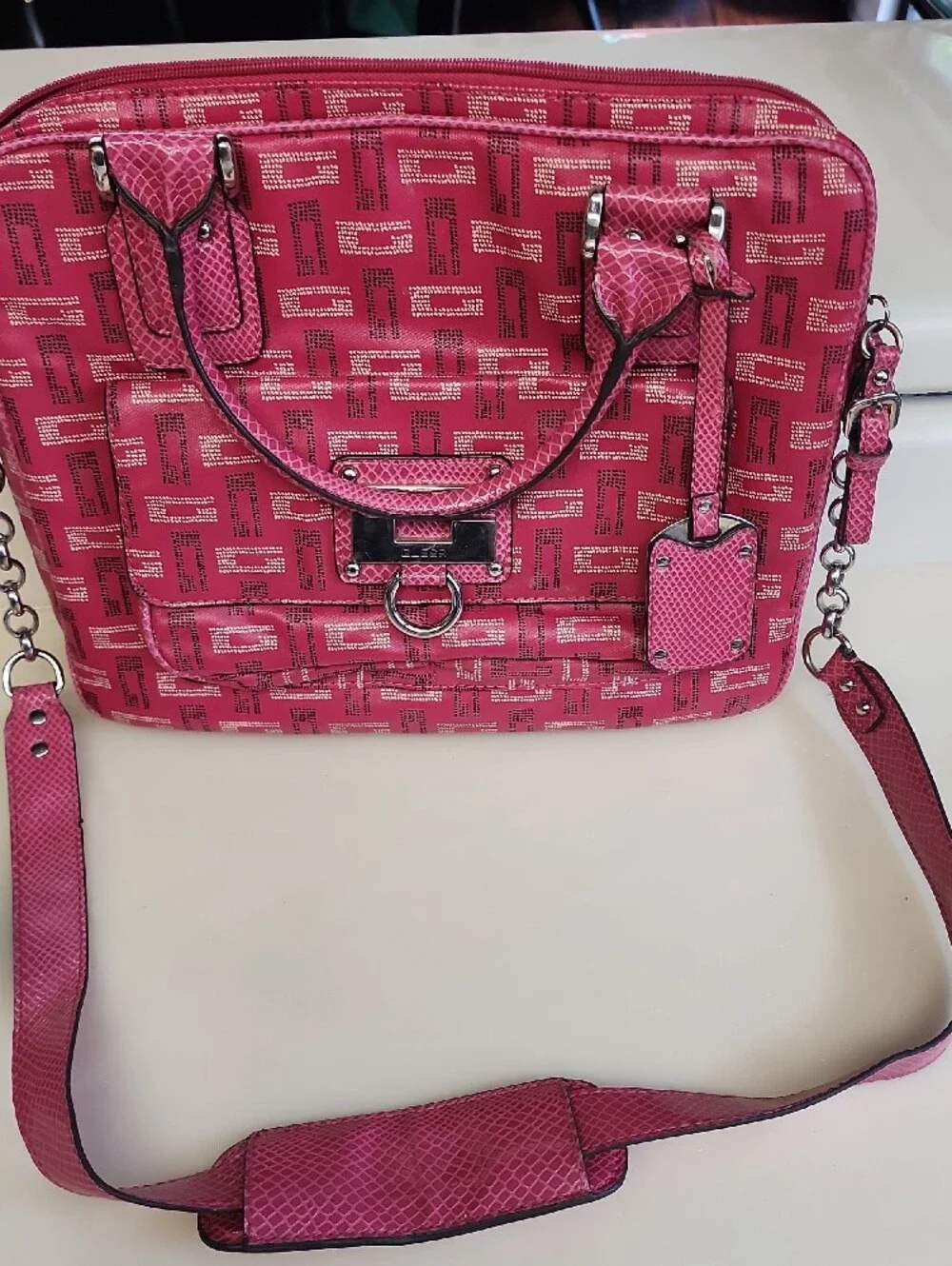 Guess Pink Logo-Print Satchel with Silver Hardware